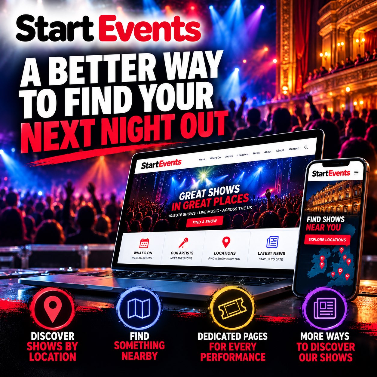 Start Events website displayed on a laptop and smartphone, highlighting new ways to discover live shows by location, find nearby events and explore dedicated performance pages.